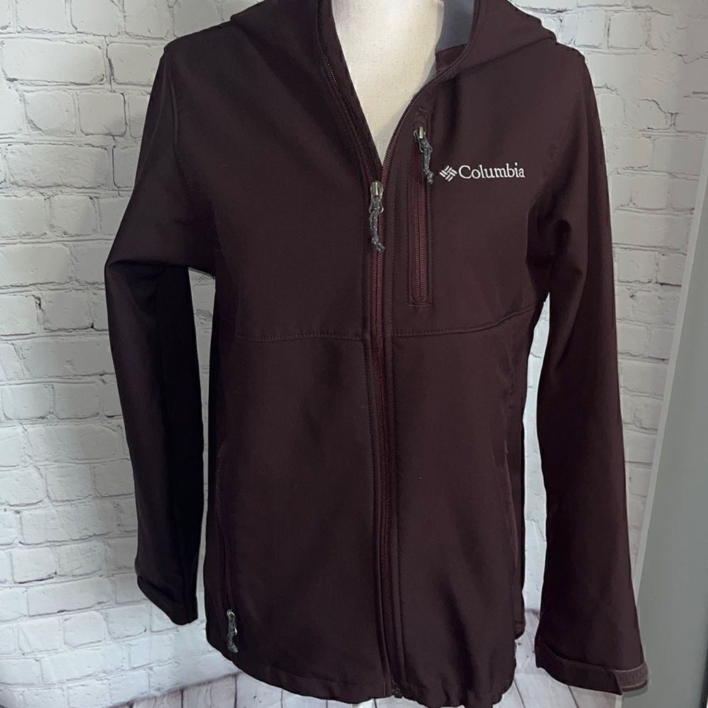 Columbia Ascender hooded soft shell jacket - lined - dark brown - hooded - S